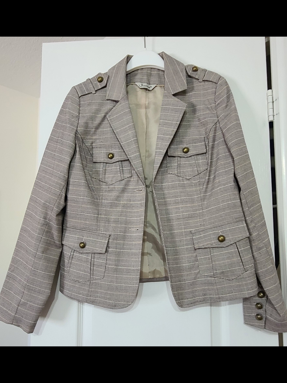 Striped Taupe Military-Style Women's Blazer Jacket